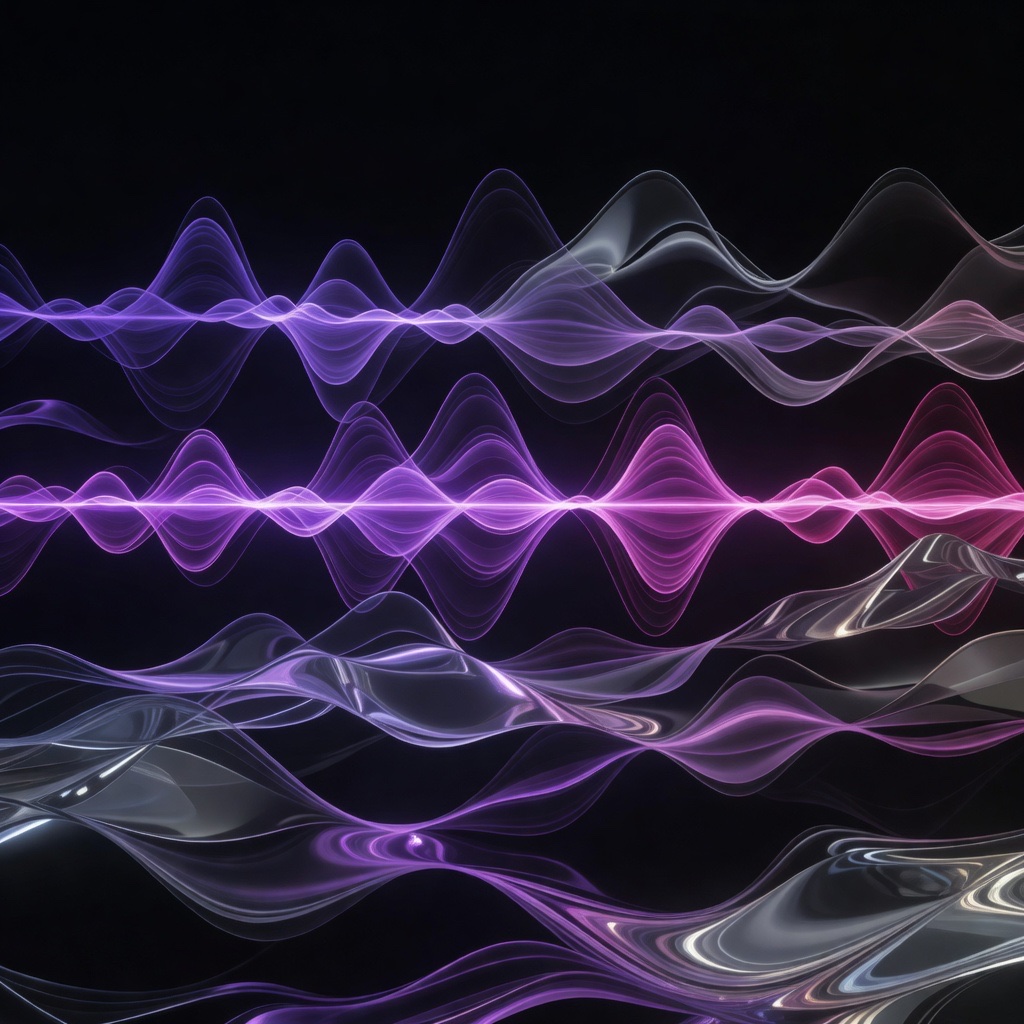 Made in Aura: abstract audio-waveform ribbons in purple, magenta and silver on black.