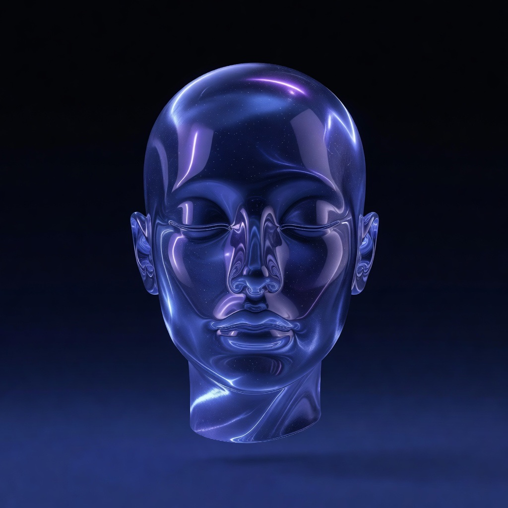 Made in Aura: a glossy 3D-rendered translucent blue and violet mannequin head with closed eyes on a dark studio background.