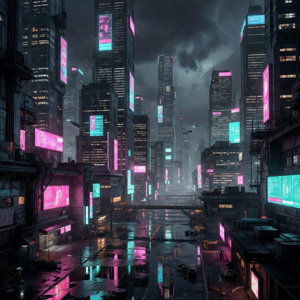 Made in Aura: a rain-slicked cyberpunk city street at night with pink and teal neon billboards.