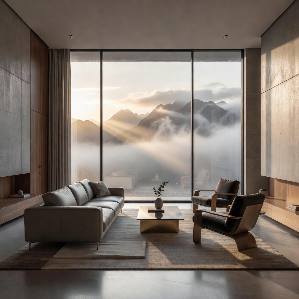 Made in Aura: a modern minimalist living room with floor-to-ceiling windows over misty sunrise mountains.