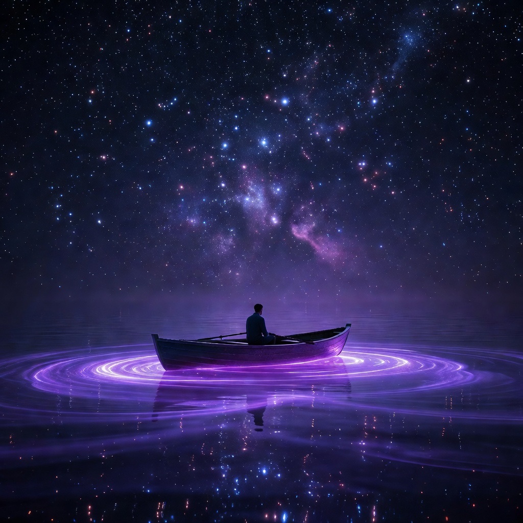 Made in Aura: a silhouetted figure in a rowboat on a glowing purple bioluminescent lake beneath a dense starfield.
